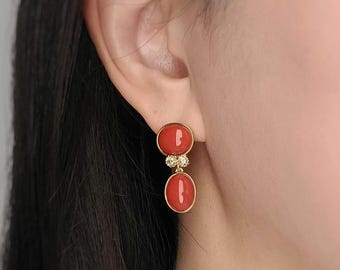 A Fluttering Heart Earrings - Natural Aka Red Coral, 18K Yellow Gold, Diamonds, Handmade Coral Earrings, Designer's Jewelry