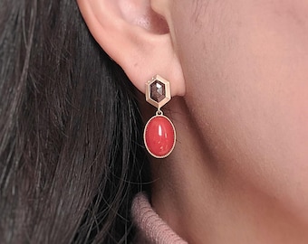 Rose Cut Diamond Red Coral Earrings Gold - 18K Rose Gold, Natural Aka Corals, Natural Black Diamonds, Handmade Earrings, Designer's Jewelry