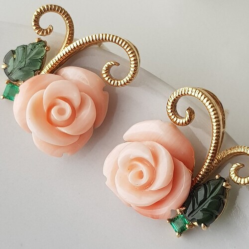 18K Gold Pink Coral Earrings Momo Coral Earrings Gold Angel Etsy