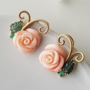 18K Gold Pink Coral Earrings - momo coral earrings gold, angel skin coral earrings, coral earrings post, carved coral earring for women
