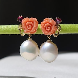 Roses for you - 14K Solid Yellow Gold, Natural Rose Coral, Freshwater Pearl, Pear Cut Ruby, Handmade Coral Earrings, Designer's Jewelry