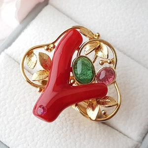 Happy Tree Red Coral Ring - 18K Yellow Gold, Natural Aka Red Coral, Tourmalines, Handmade Coral Ring, Designer&#39;s Jewelry