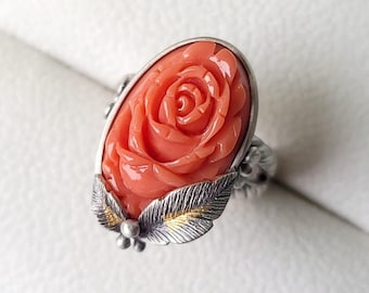 Vintage Rose Coral Ring - Natural Hand Carved Momo Rose Coral, 925 Sterling Silver, Handmade Ring Silver, Designer's Jewelry