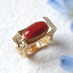Oxblood Coral Ring - Oxblood Red Coral, 18K Yellow Gold, Ring Size 7, Handmade Ring, Designer&#39;s Jewelry