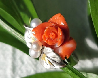 Momo Rose Coral Ring - Natural Hand Carved Momo Coral, Freshwater Pearls, Handmade Ring Silver, Designer's Jewelry
