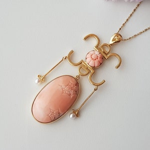 18K Gold Angel Skin Coral Pendant - angel skin coral necklace, pink coral pendant for woman, carved coral pendant gold, pink coral jewelry