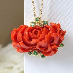 Peony Blossom Coral Pendant - 18K Yellow Gold, Carved Aka Red Coral, Emeralds, Diamonds, Handmade Pendant, Designer&#39;s Jewelry