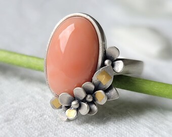 Flower Pink Coral Ring -  Natural Pink Coral, 925 Sterling Silver, Handmade Coral Ring, Designer's Jewelry