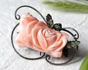 Milky Pink Rose Coral Brooch - Natural Carved Rose Coral, Green Tourmaline, 925 Sterling Silver, One of a Kind, Designer's Jewelry