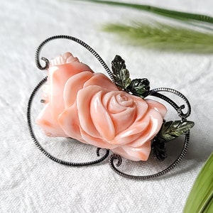 Milky Pink Rose Coral Brooch - Natural Carved Rose Coral, Green Tourmaline, 925 Sterling Silver, One of a Kind, Designer&#39;s Jewelry