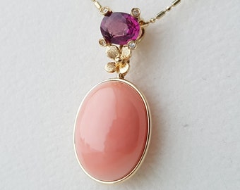 18K Gold Coral & Tourmaline Necklace - 18K Yellow Gold, Natural Pink Coral, Pink Tourmaline, Melee-size Diamonds, Designer's Jewelry