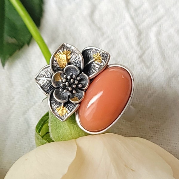 Flower Coral Ring - Natural Pink Coral, 925 Sterling Silver, Handmade Ring, Designer's Jewelry