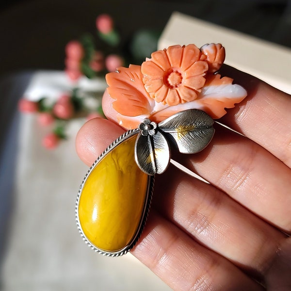 Flower Coral Amber Pendant - Natural Momo Coral, Natural Baltic Amber, 925 Sterling Silver, Handmade Pendant, Designer's Jewelry
