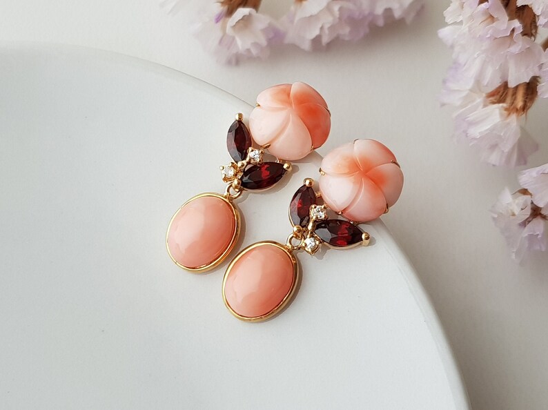 18K Gold Pink Coral Earrings Momo Coral Earrings Gold Angel Etsy