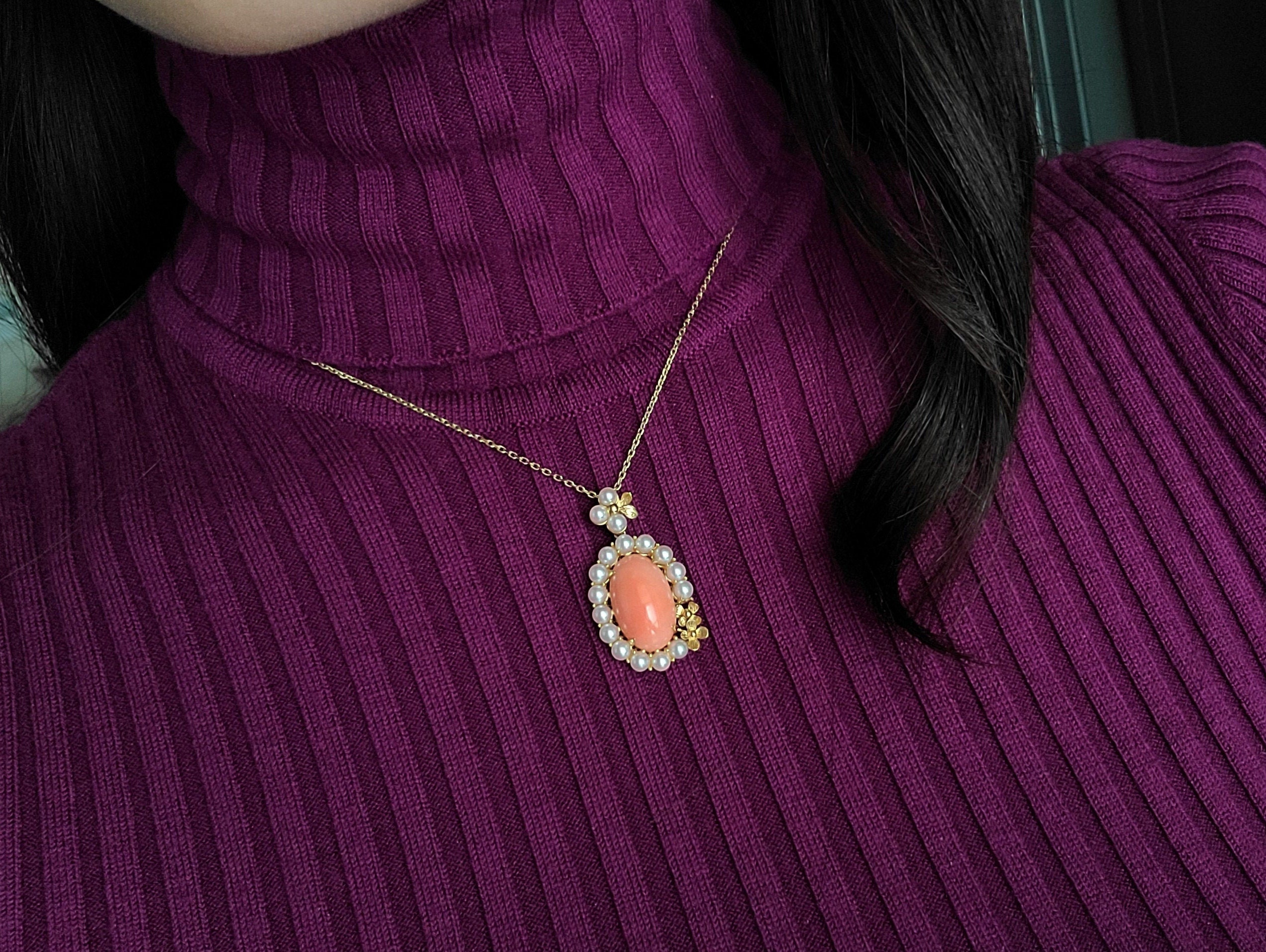 18K Gold Pink Coral Pendant Necklace pink coral jewelry top Etsy