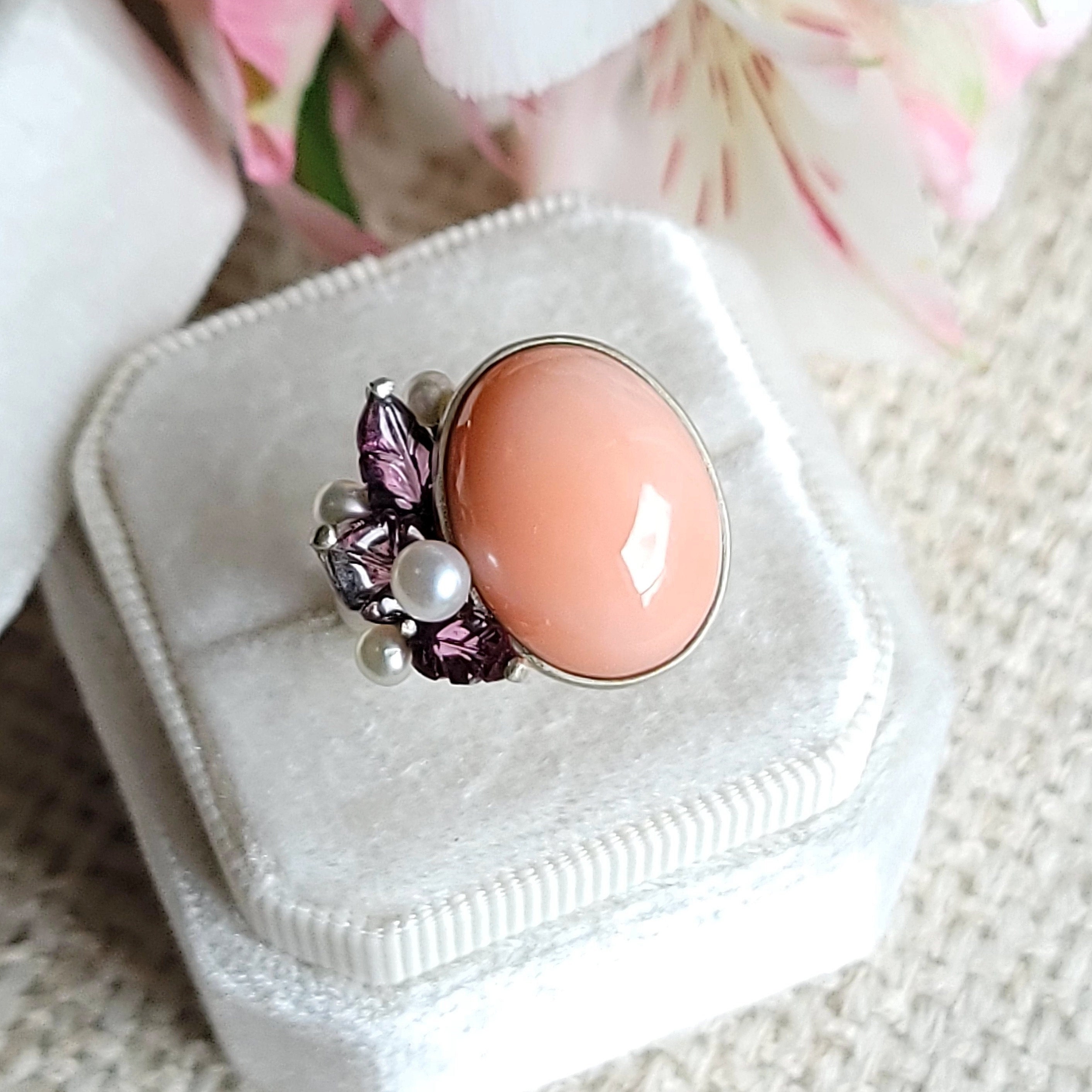 Pink Coral Ring Natural Pink Coral Freshwater Pearls Carved Pink