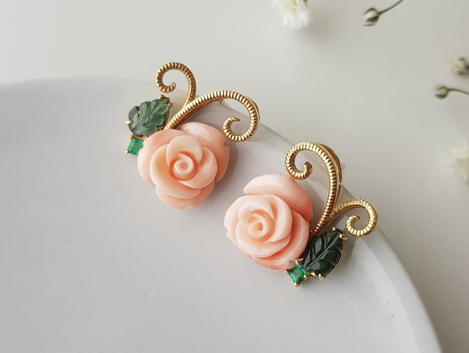 18K Gold Pink Coral Earrings Momo Coral Earrings Gold Angel Etsy