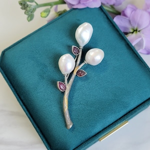 Baroque Pearl Brooch - Natural Baroque Pearls, Carved Pink Tourmaline, 925 Sterling Silver, Handmade Brooch, Designer&#39;s Jewelry