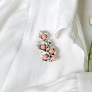 Leaf Brooch Pendant Natural Pink Coral, 925 Sterling Silver, Handmade Coral Jewelry, Designer Jewelry image 3