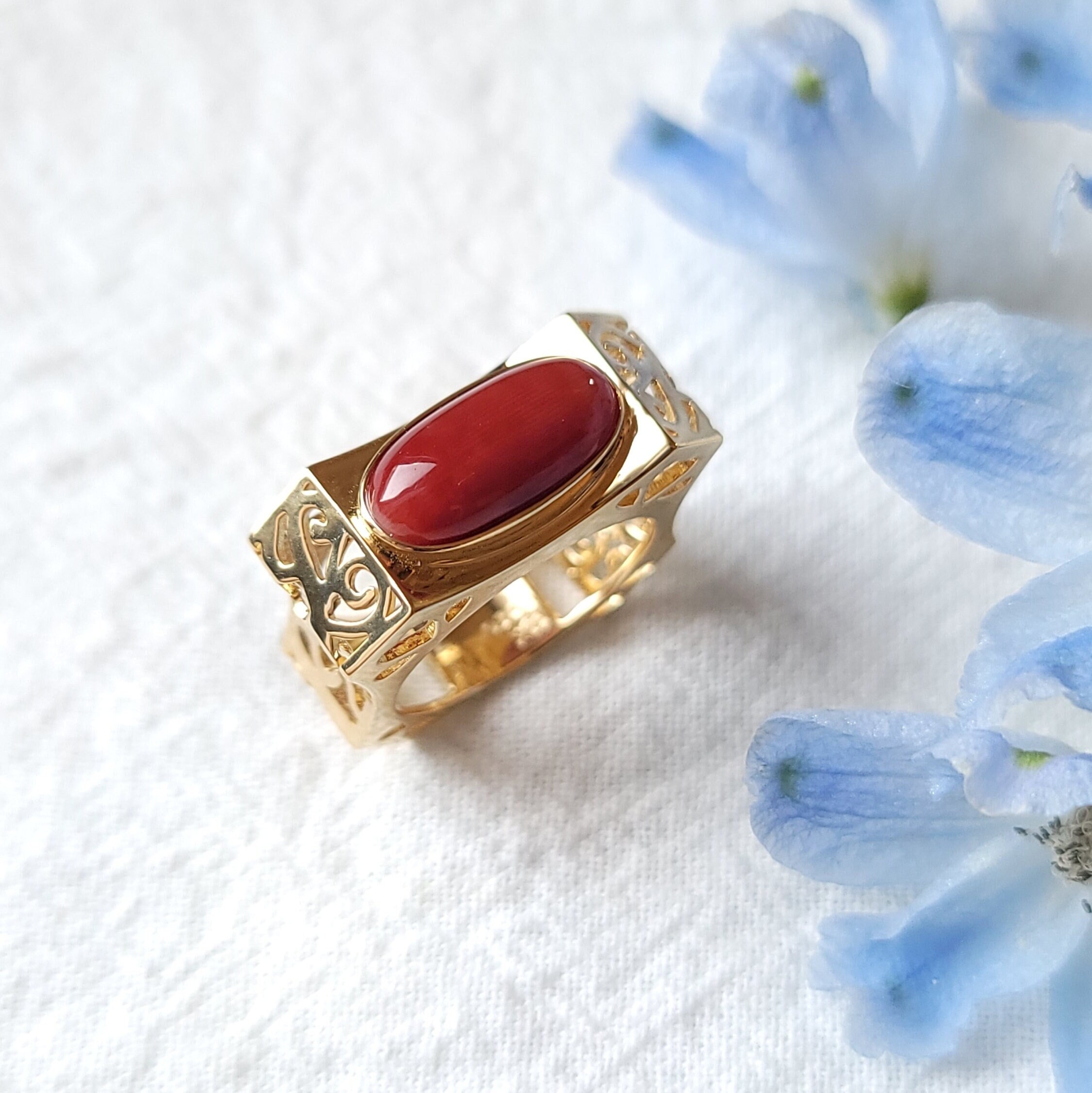 Oxblood Coral Ring - Oxblood Red Coral, 18K Yellow Gold, Ring Size