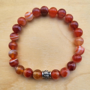 Carnelian Bracelet, Sacral Chakra, Om Mani Padme Hum, Gemstone Bracelet, Yoga Bracelet, Elastic, Meditation, Handmade in USA