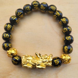 Pixiu Charm Bracelet, Black Obsidian, Good Luck, Wealth, Protection, Feng Shui