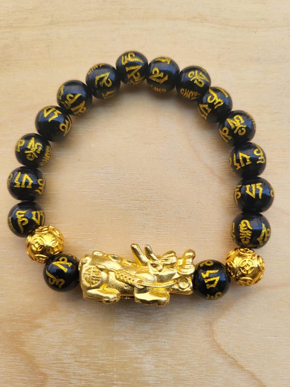 Pixiu Charm Bracelet, Black Obsidian, Good Luck, Wealth, Protection, Feng Shui