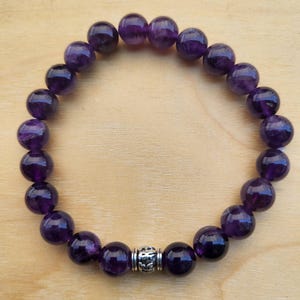 Amethyst Bracelet, Crown Chakra, Om Mani Padme Hum, Gemstone Bracelet, Yoga Bracelet, Elastic, Meditation, Handmade in USA