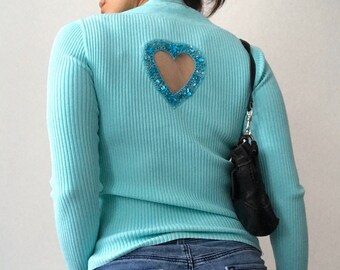 Original MAX&Co Baby Blue Zip Cardigan with Sequined Heart 90s / 2000s