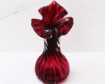 Antique Vintage Cranberry Glass Petal Floral Rimmed Twisted Vase