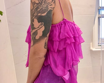Just Cavalli Fuschia Pink Silk Chiffon Frilly Ruffled Top