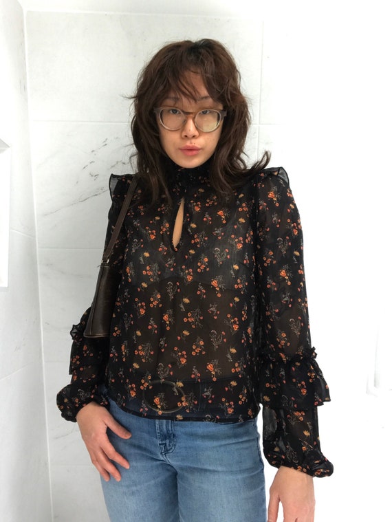 Black Floral Prairie Sheer Ruffled Blouse Top