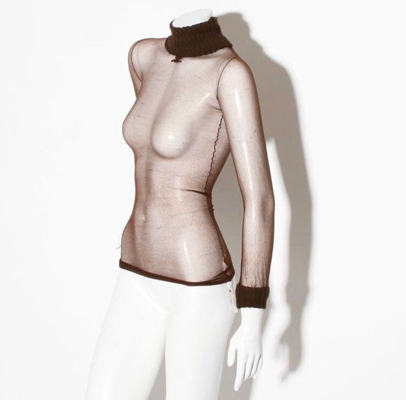 May include: A sheer brown turtleneck top with a ribbed knit collar and cuffs.