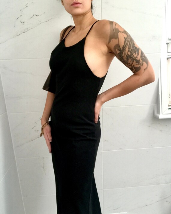 90s Vintage Black Evening Maxi Halterneck Dress