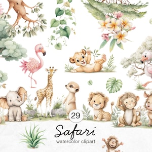 Aquarell Safari Tiere Clipart - Süße Tiere Clipart - PNG - Babyparty Clipart - Safari Kindergarten - Boho Tropische Tiere