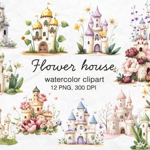 Flowers Houses Clipart bundle- clipart watercolor - buildings house png- Digital Print