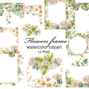 Watercolor Floral Frames Clipart: Tropical Flower PNG Graphics (Digital Download)