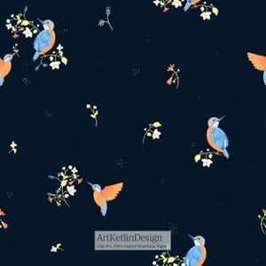 Blue floral bird pattern - seamless pattern -cute background -vintage nature design seamless repeat - commercial use - DIDITAL Print