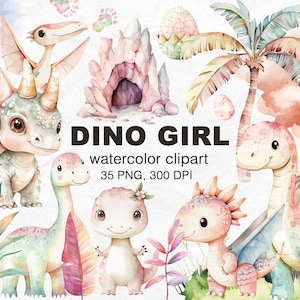 Dinosaurs watercolor clipart -Dino girl - Digital print - PNG - Card kids- Clipart set - Watercolor painting