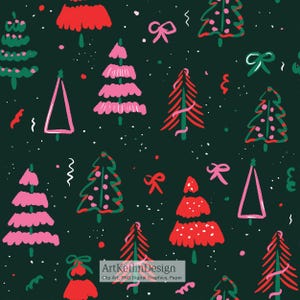 Pink, green and red Christmas trees - seamless pattern - cute bright pink - Christmas seamless repeat - commercial use - DIDITAL Print