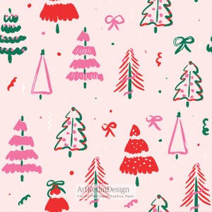 Pink, green and red Christmas trees - seamless pattern - cute bright pink - Christmas seamless repeat - commercial use - DIDITAL Print