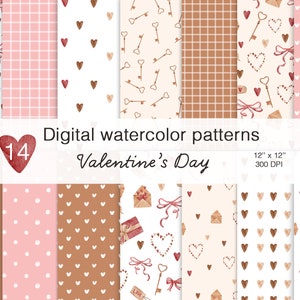 Papel digital de corazones de acuarela: Patrones sin costuras para San Valentín (descarga PNG, JPEG y PDF)