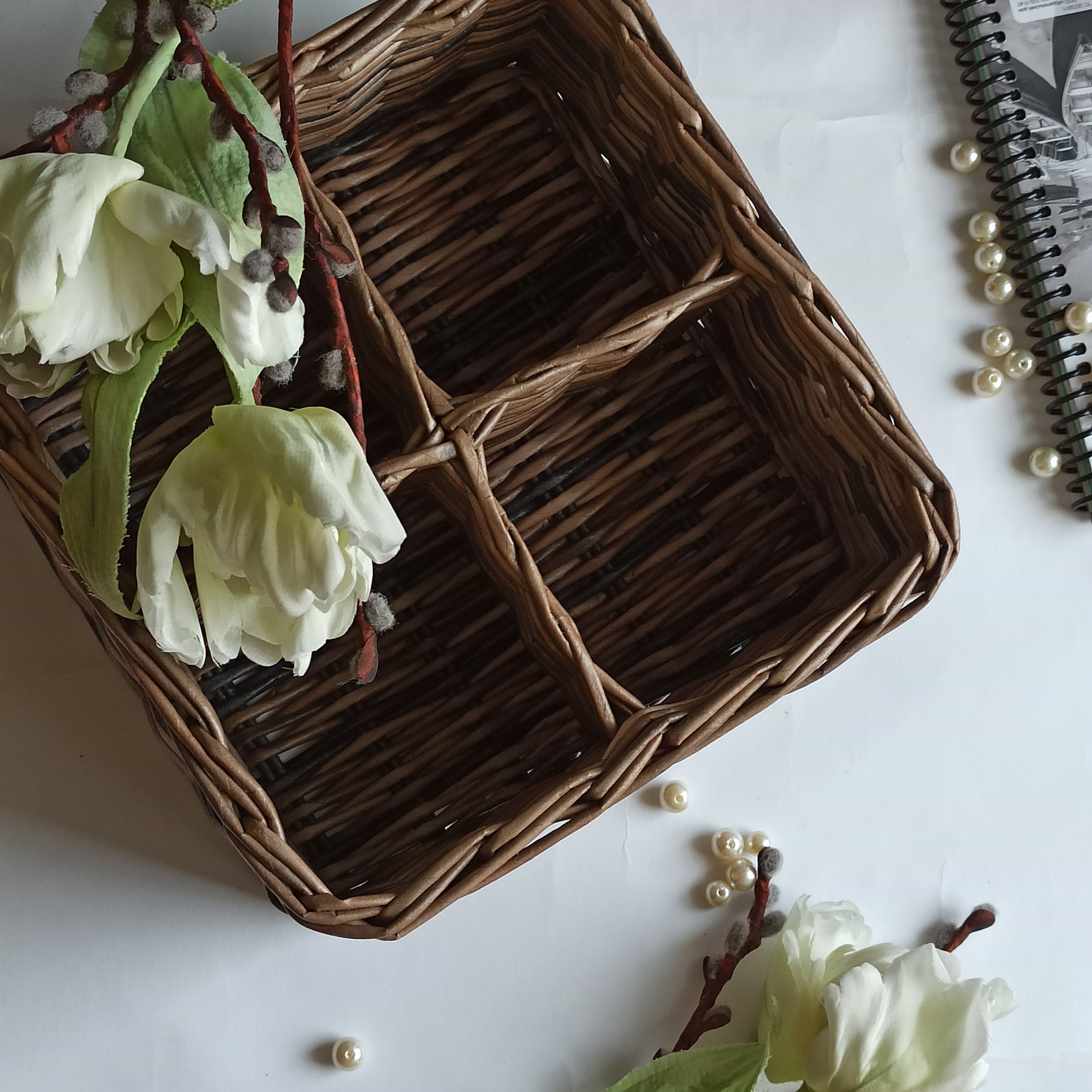 Dark brown wicker box with dividers Square storage basket Etsy