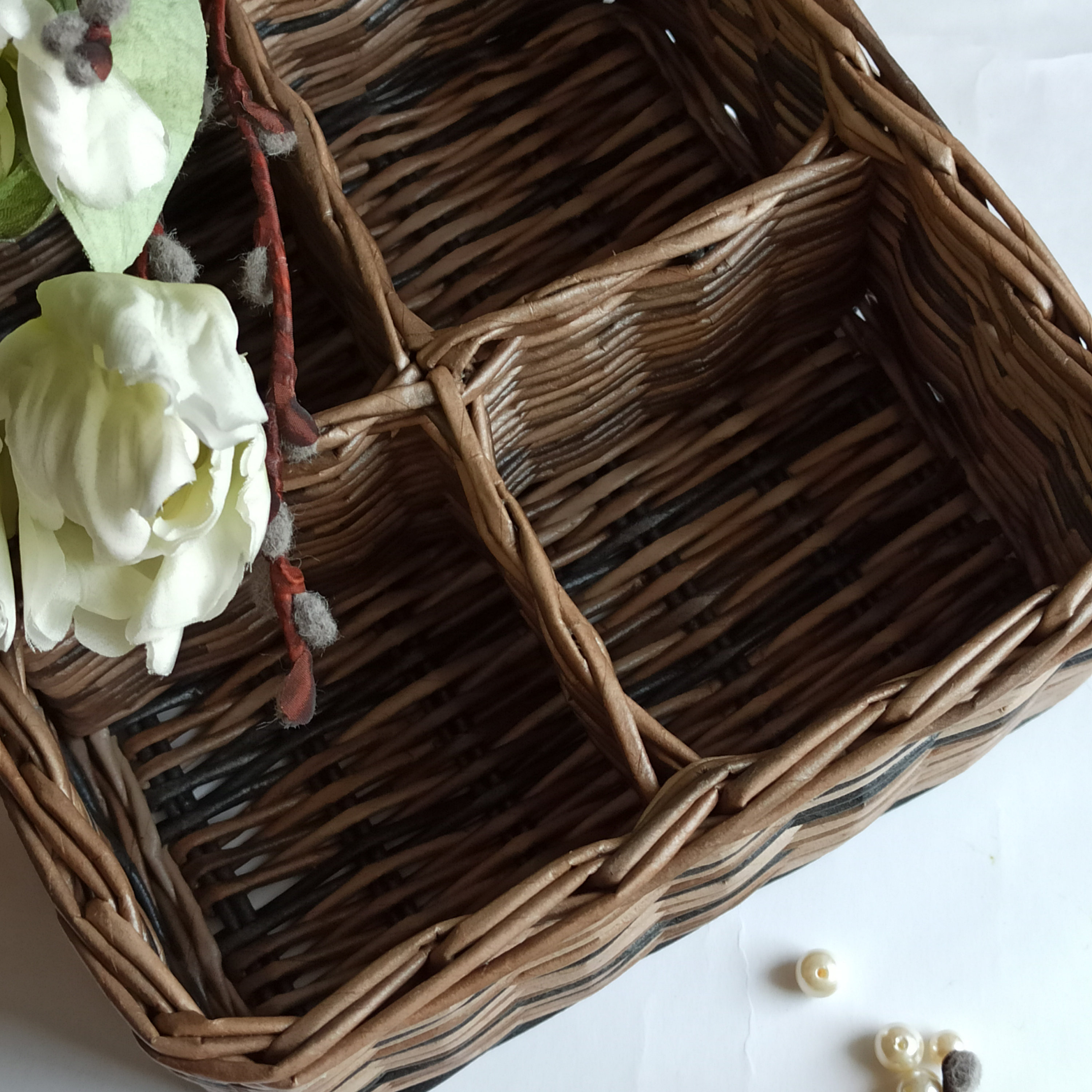 Dark brown wicker box with dividers Square storage basket Etsy