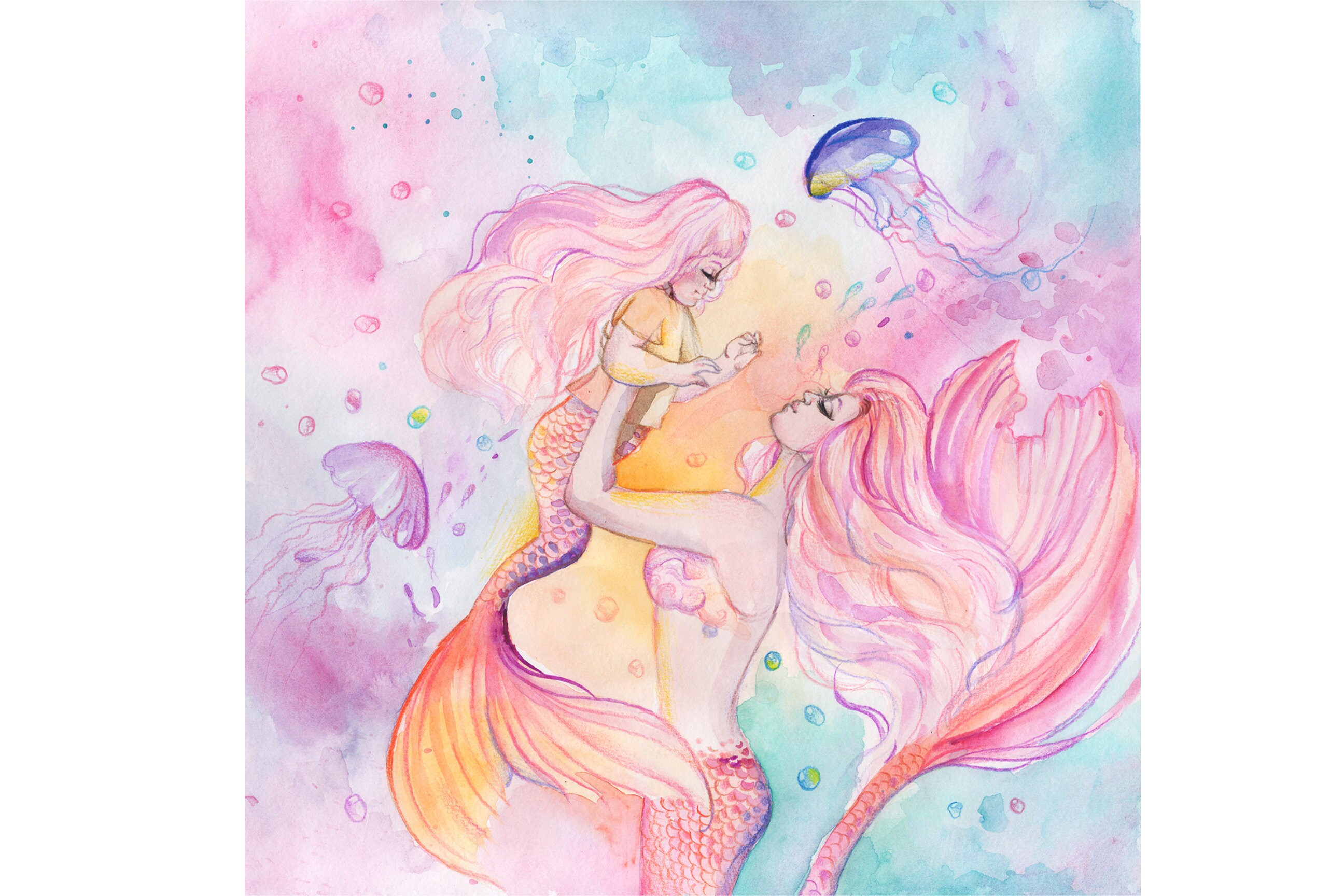 Mother and Daughter Mermaids Painting Family Mermaid Original | Etsy