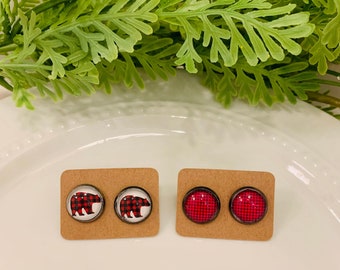 Buffalo Plaid Stud Earrings, Bear Earrings, Red and Black Gingham Earrings, Mama Bear Earrings, Mountain Earrings, Buffalo Check Earrings