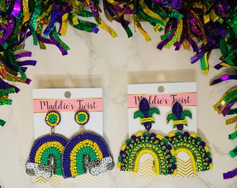 Rainbow Mardi Gras Earrings, Mardi Gras Arch Earrings, Mardi Gras Seed Bead Earrings, New Orleans Mardi Gras Holiday, Mardi Gras Jewelry