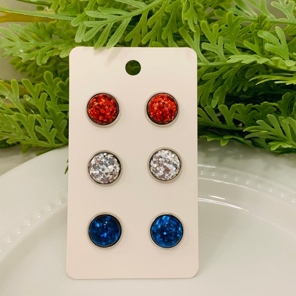 Glitter 4th of July Earrings, Glitter 4th of July Stud Earrings, Red Glitter Earrings, White Glitter Earrings, Blue Glitter Earrings