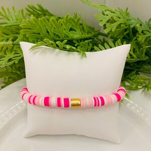 Breast Cancer Awareness Bracelet, Breast Cancer Awareness Jewelry, Breast Cancer Awareness Vinyl Heishi Stack, Pink Heishi Bracelet
