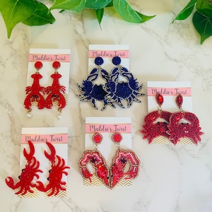 Beaded Seafood Earrings, Beaded Crab Earrings, Beaded Shrimp Earrings, Resin Lobster Earrings, Resin Crawfish Earrings, Resin Crab Earrings